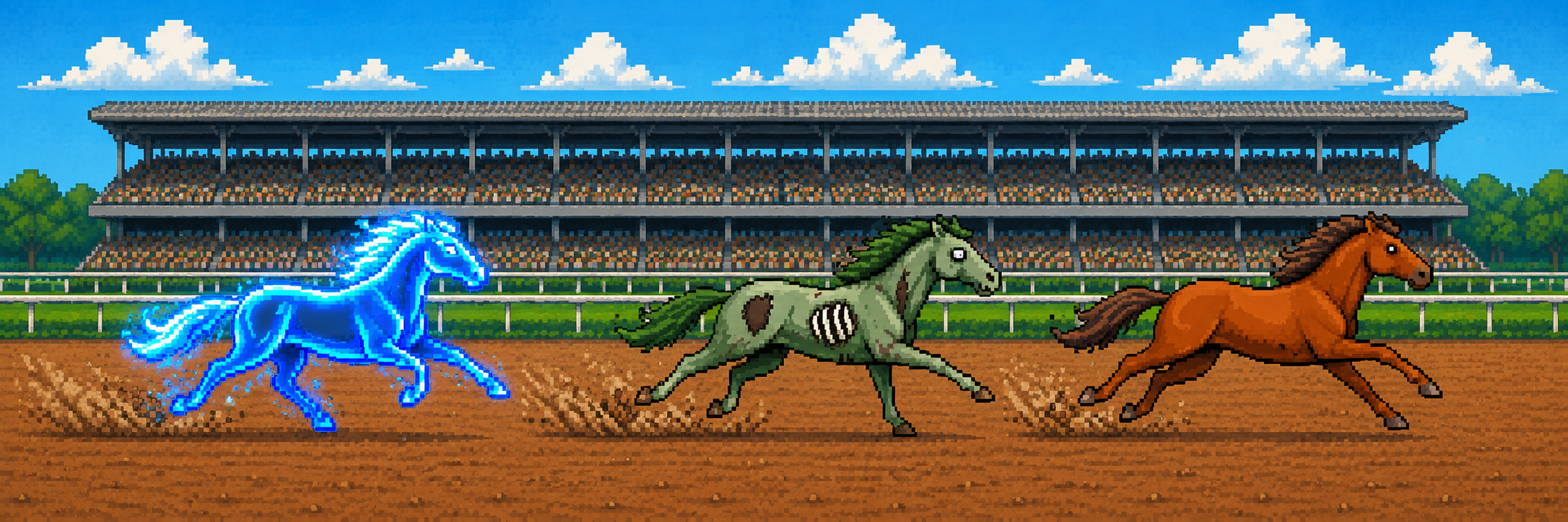 Pixel horses racing at a stadium